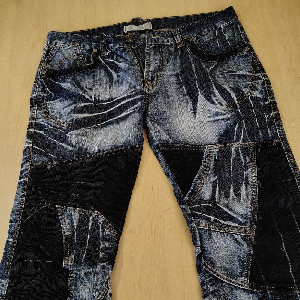 Kosmo Jeans Men's Distressed Denim and Corduroy Patchwork Jeans 36/30..